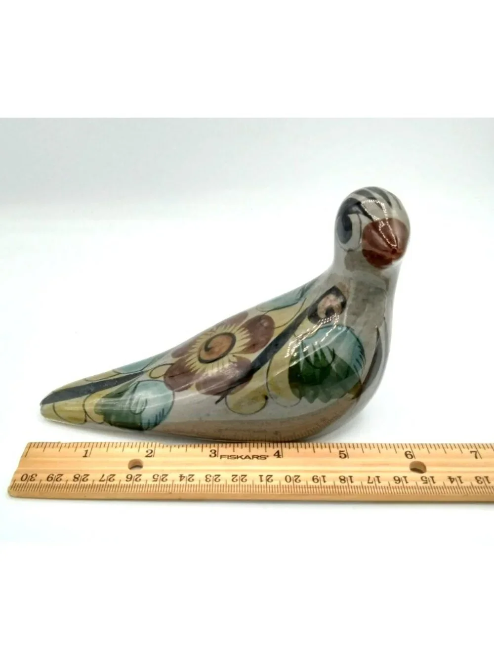 Mexican Pottery Bird Vintage Figurine Hand Painted Tonala Style Floral 6